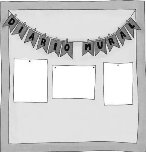 Ilustración de un diario mural: un panel rectangular con un letrero de banderines que forma las palabras "DIARIO MURAL" y tres hojas blancas pegadas debajo, listas para exhibir trabajos.