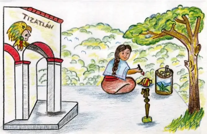 Ilustración de una mujer indígena trabajando junto a un maguey frente a un arco rojo con la palabra "Tizatlán"; sitio de Tlaxcala. Crédito: Elizabeth Solís Balderas, Tlaxcala.