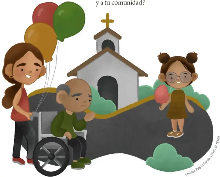 Ilustración de una escena escolar y comunitaria: una niña con globos de colores, un adulto mayor en silla de ruedas acompañado por una joven, una niña con algodón de azúcar y, al fondo, una iglesia con cruz sobre una colina verde.