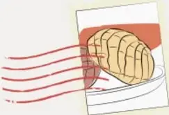 Estampilla ilustrada con un pan dulce (concha) sobre un platón rojo y blanco, con líneas rojas de matasellos.