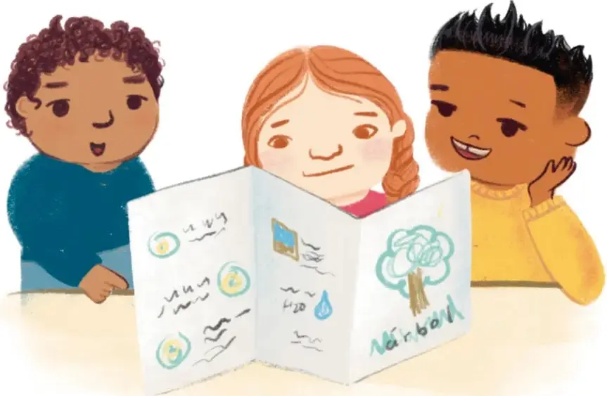 Ilustración de tres niños de distintos tonos de piel observando con curiosidad un folleto desplegado en tres paneles con dibujos infantiles (gotas, árbol, escritura manual).