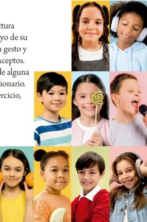 Collage de fotografías de niños y niñas con expresiones de alegría, sorpresa, canto, etc.