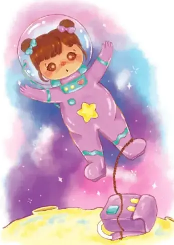 Ilustración de una astronauta con traje espacial morado flotando en el espacio, conectada por una cuerda a una mochila de soporte vital.