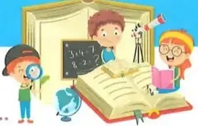 Ilustración decorativa de niños y una docente relacionada con el aprendizaje.