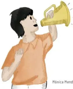 Ilustración de un niño con camiseta naranja anunciando con un megáfono amarillo; crédito: Mónica Mendoza Cruz, Ciudad de México.