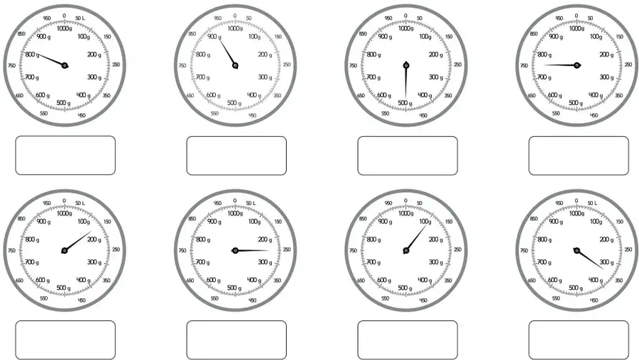 Ocho pesas circulares graduadas de 0 a 1000 g con aguja indicadora y un recuadro en blanco bajo cada una.