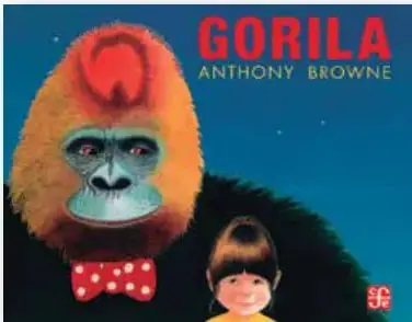 Portada del libro 'Gorila' de Anthony Browne: un gorila con moño rojo y una niña pequeña.