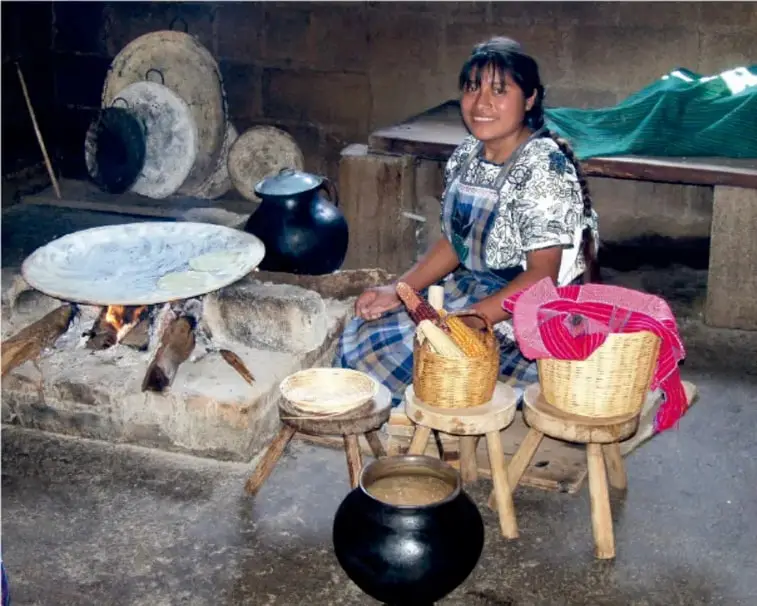 Fotografía de una mujer indígena sentada junto a un fogón de leña, elaborando tortillas o pan; a su alrededor hay ollas de barro, comales, canastas y sillas de madera.