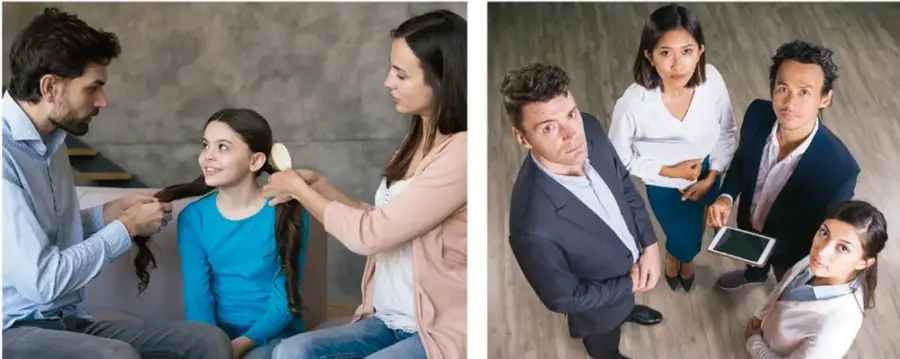 Familia integrada por un hombre, una mujer y una niña; el padre y la madre participan juntos en el cuidado de la hija.