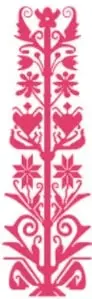 Ilustración vertical con motivos geométricos y florales en color rosa, etiquetada 'Geografía'.