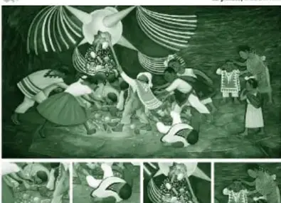 Reproducción de 'La piñata' de Diego Rivera con cuatro detalles ampliados debajo: niño vendado con palo, niños recogiando frutas, mujer consoliendo a un niño que llora y personajes con ropa tradicional.