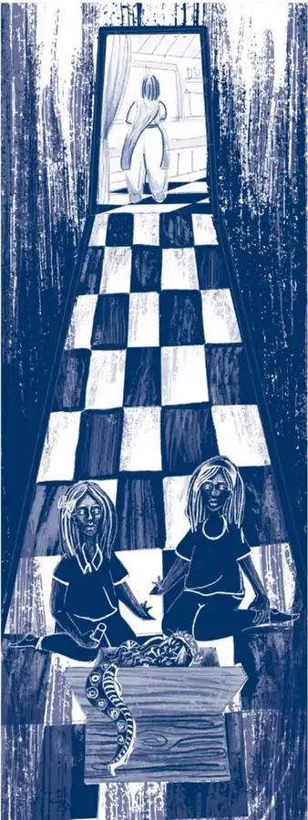 Ilustración en tonos azules: una figura camina por un pasillo con piso de ajedrez hacia una puerta; abajo, dos niñas sentadas junto a una caja de cartón con un animalito.