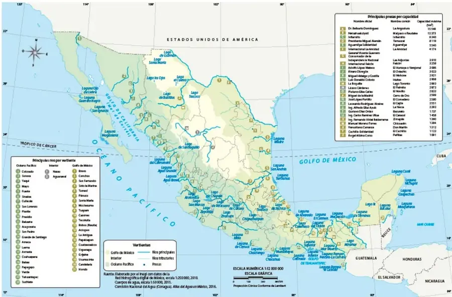 Mapa de México que muestra las principales ríos por vertientes (Pacífico, Golfo de México, Caribe), lagos, y una tabla de las principales presas por capacidad (como Chicoasén, Nezahualcóyotl, La Angostura, Miguel Alemán), con escala numérica 1:5 200 000.