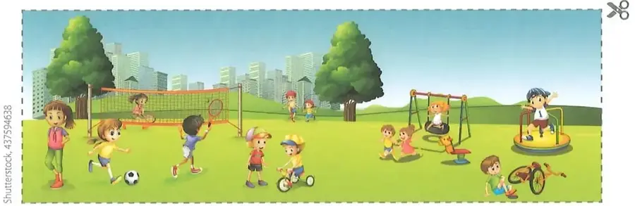 Escena ilustrada de un parque con niños jugando fútbol, tenis, bicicleta, columpios y otros juegos; también aparecen árboles, césped y edificios.