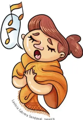 Ilustración de una niña con rebozo naranja cantando con los ojos cerrados, con notas musicales en una burbuja de voz. Crédito: Leovina Cabrera Sandoval, TABASCO.