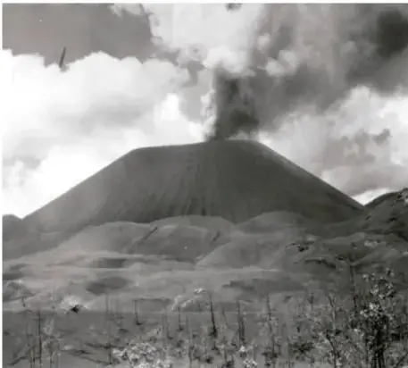 Fotografía en blanco y negro de un volcán en erupción con una columna de humo, como ejemplo de fenómeno perturbador.