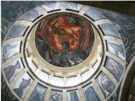Reproducción del mural El hombre en llamas (1939) de José Clemente Orozco en la cúpula del Hospicio Cabañas, con figura central en llamas rojas.