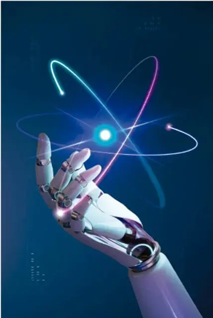 Mano robótica metálica con un átomo luminoso flotando sobre la palma, sobre fondo azul oscuro, representando la tecnología y la innovación.