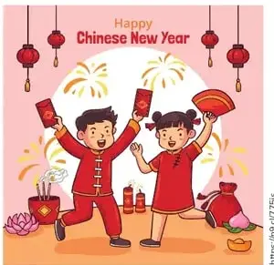 Niño y niña vestidos de rojo, con sobres rojos en las manos y fuegos artificiales detrás; cartel 'Happy Chinese New Year'.