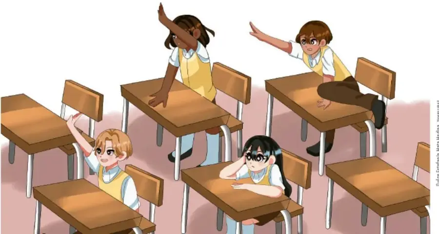 Ilustración de cuatro estudiantes en sus pupitres levantando la mano, participando activamente en clase.