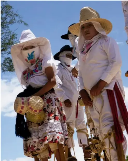 Fotografía de personas indígenas de México con vestimenta tradicional blanca bordada, sombreros de paja y accesorios, caminando al aire libre bajo un cielo azul.