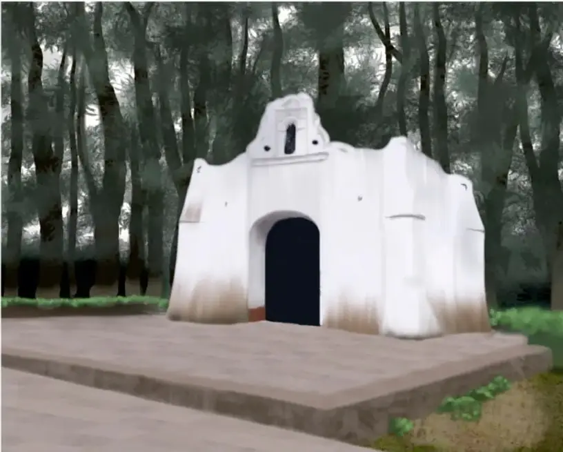 Capilla blanca de estilo colonial con arco de entrada, rodeada de un bosque de árboles altos y un atrio de piedra; crédito María José Salas González, JAL 2020.
