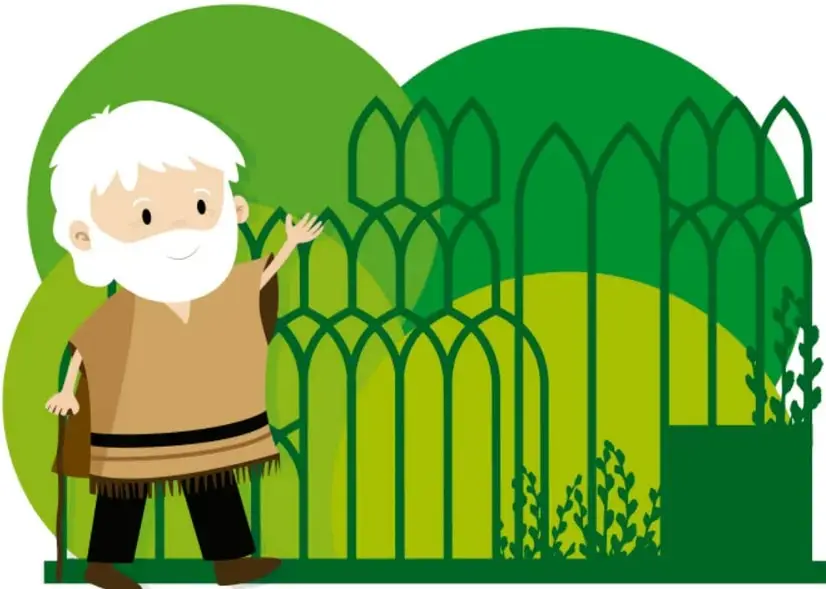 Ilustración plana en tonos verdes: un señor mayor de cabello y barba blancos, con bastón y túnica café, saluda frente a estructuras de arcos góticos entre vegetación, representando el jardín escultórico de Las Pozas.