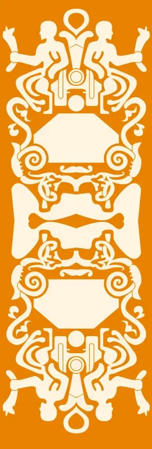 Franja vertical de color naranja con una ilustración simétrica de estilo prehispánico o abstracto en crema, compuesta por figuras humanas, espirales y formas geométricas repetidas en espejo.