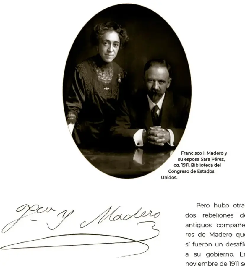 Fotografía ovalada en sepia de Francisco I. Madero y su esposa Sara Pérez, ca. 1911 (Biblioteca del Congreso de Estados Unidos); él sentado con las manos juntas, ella de pie a su lado con vestido oscuro.