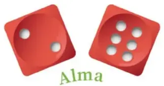 Dados rojos con puntos que muestran los lanzamientos de Alma, Dora, Elías, Balam y Celina.