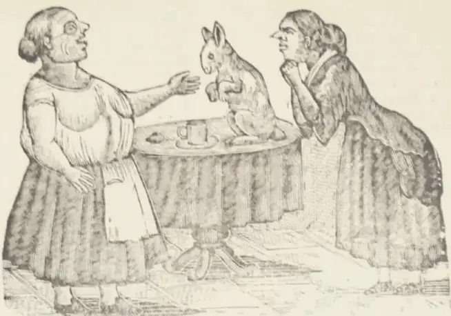 Ilustración en blanco y negro estilo grabado que muestra a dos mujeres de época observando a un conejo sentado sobre una mesa con taza; una mujer señala al animal y la otra se inclina con expresión de asombro.