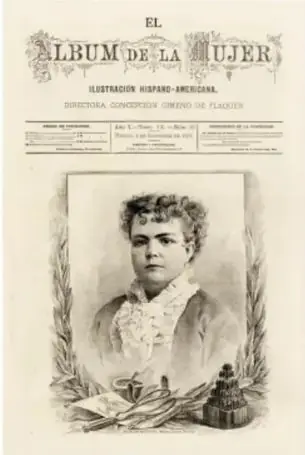 Portada de la publicación 'El Álbum de la Mujer' con un retrato de Matilde Montoya y elementos decorativos.