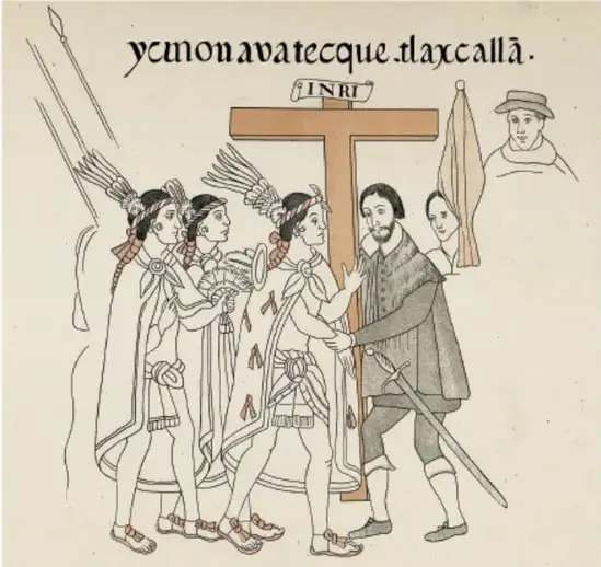 Grabado de un fraile español con una cruz, acompañado de indígenas. Texto náhuatl: 'yc monauatecque tlaxcallà'.