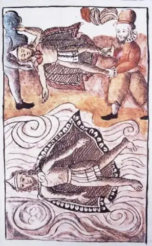 Imagen del Códice Florentino que muestra los cadáveres de Moctezuma II y el señor de Tlatelolco siendo arrojados al lago.