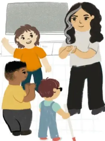 Ilustración de una maestra con tres niños y una niña en silla de ruedas, representando inclusión.