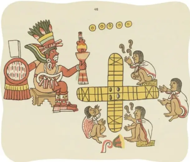 Lámina de códice: personaje importante de perfil con penacho, sentado junto a un símbolo en forma de cruz escalonada amarilla; cuatro personas con humo de copal lo rodean y discos amarillos coronan la escena.