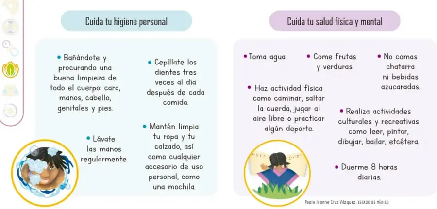 Ilustración de una niña lavándose el rostro con agua y burbujas, acompañada de las recomendaciones de higiene personal.