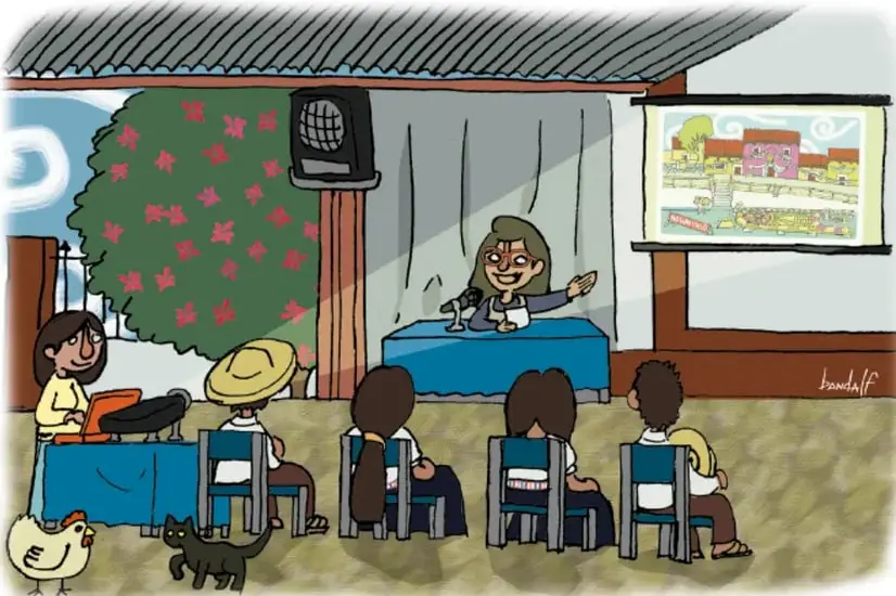 Ilustración de un salón comunitario donde una maestra habla frente a un micrófono ante varios estudiantes sentados; hay una proyección de un mapa de la comunidad, una gallina y un gato. Al pie: Julio César Banda Tecalco, Veracruz.