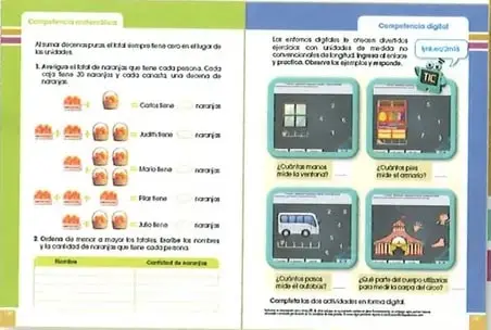 Muestra una doble página con actividades de competencia matemática y competencia digital, incluyendo ejercicios ilustrados y recursos tecnológicos.