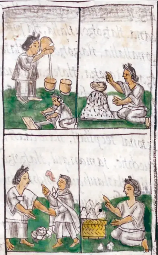 Escena con una persona moliendo en metate y otra hilando o tejiendo junto a un cesto y vasijas de barro.