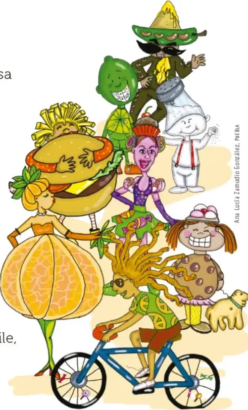 Ilustración festiva de personajes-frutas: una mandarina con vestido de gala, una hamburguesa, un limón, un chile con sombrero, una galleta y una niña-paleta, uno de ellos en bicicleta, formando un desfile.