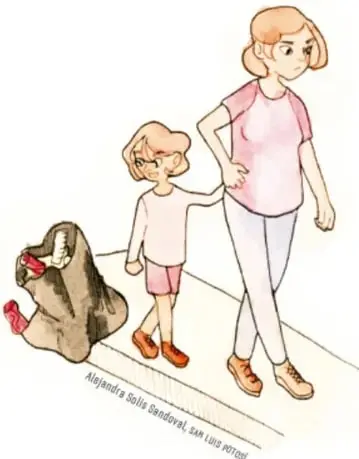 Ilustración de una madre y su hijo caminando por la calle; observan una bolsa de basura en el suelo.