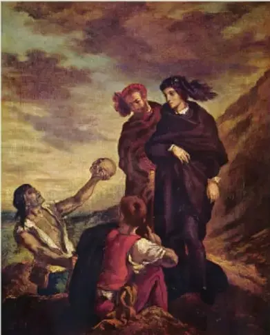 Pintura de Delacroix: Hamlet de negro y Horacio de rojo junto a sepultureros; uno exhuma un cráneo en la esquina inferior izquierda.