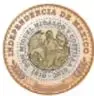 Ficha de una medalla conmemorativa del Bicentenario de la Independencia de México 1810-2010, anverso con el busto de Miguel Hidalgo; trimetálica, diámetro 50 mm, Casa de Moneda de México.