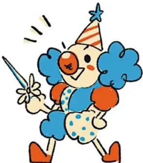 Ilustración de un personaje de payaso o títero con sombrero de fiesta, cabello azul, nariz roja y ropaje de colores, sosteniendo una varita con flor; imagen de Brenda Flores Ramírez, PUE.
