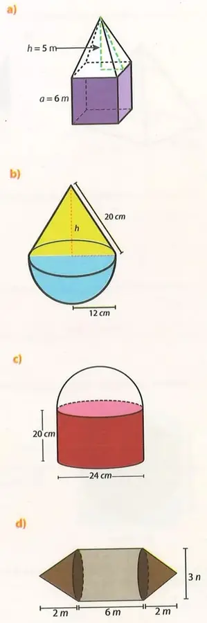 Cuerpo compuesto por un prisma cuadrado de lado 6 m y una pirámide superior de altura 5 m.