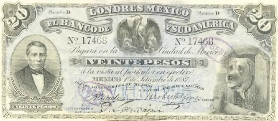 Billete de VEINTE PESOS del Banco de Londres, México y Sudamérica, número 17468, pagadero en la Ciudad de México, con retrato de un personaje, un perro tallado y el escudo nacional.
