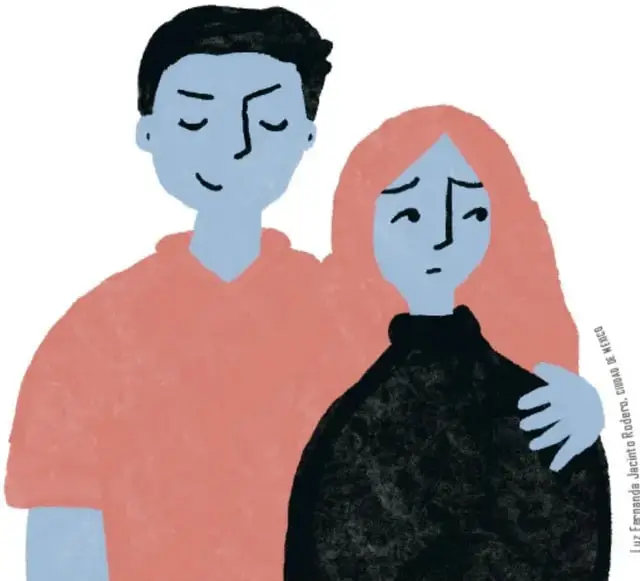 Ilustración de una pareja: un joven abraza por la espalda a una joven que muestra tristeza o incomodidad. Crédito: Luz Fernanda Jacinto Roldán.