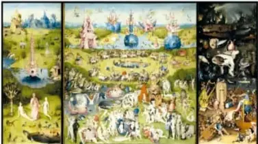 Reproducción completa del tríptico con sus tres paneles: paraíso, jardín de las delicias e infierno.