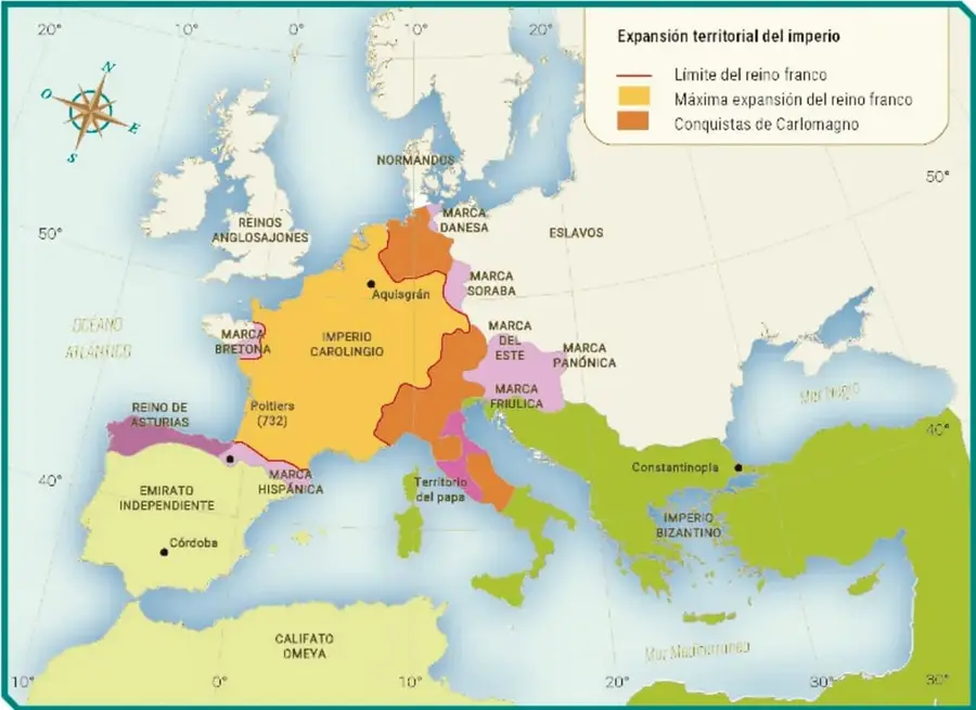Mapa histórico titulado 'Territorio gobernado por Carlomagno'. Muestra la expansión territorial del imperio carolingio con colores que indican el límite del reino franco, la máxima expansión y las conquistas de Carlomagno. Se aprecian el Imperio Carolingio, marcas fronterizas, reinos vecinos como los Reinos Anglosajones, el Emirato Independiente, el Califato Omeya, el Imperio Bizantino y territorios eslavos.